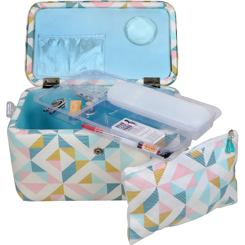 SINGER® Large Abstract Geo Print Sewing Basket with Matching Pouch Sew Kit