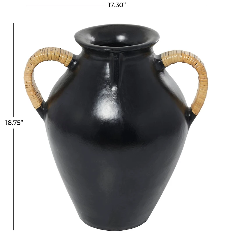 19" Black Ceramic Jug Vase with Rattan Wrapped Handles