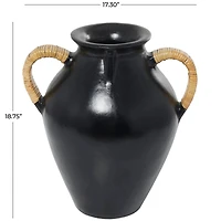 19" Black Ceramic Jug Vase with Rattan Wrapped Handles