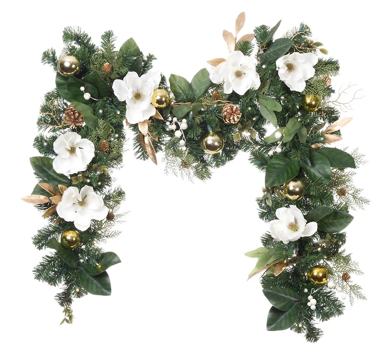 9ft. Pre-Lit Artificial White & Gold Magnolia Christmas Garland White Gold Magnolia