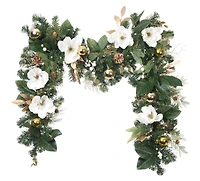 9ft. Pre-Lit Artificial White & Gold Magnolia Christmas Garland White Gold Magnolia