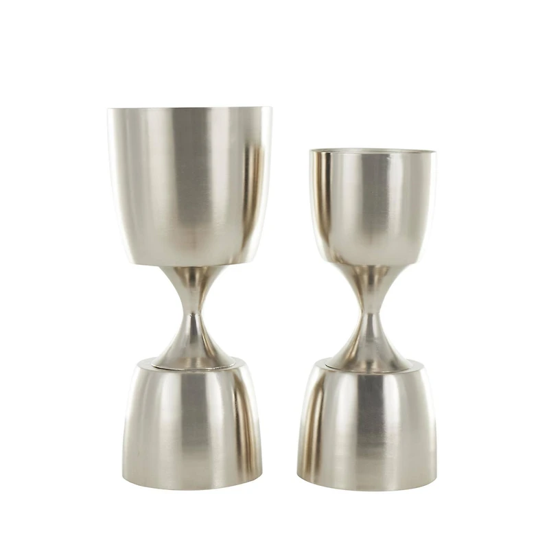 Silver Hourglass Shaped Metal Planter Set with Elevated Base