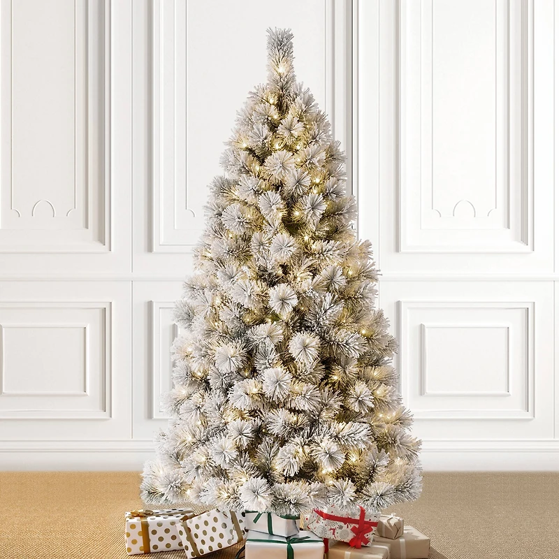 6ft. Pre-Lit Flocked Pine Artificial Christmas Tree, Warm White LED Lights