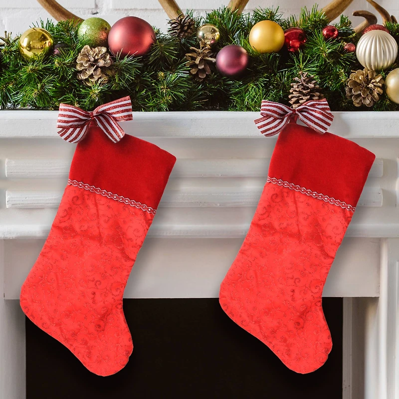 22" Glittering Swirl Design Christmas Stocking, Red