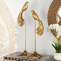 Set of 2 Gold Aluminum Eclectic Bird Sculpture, 32", 27"