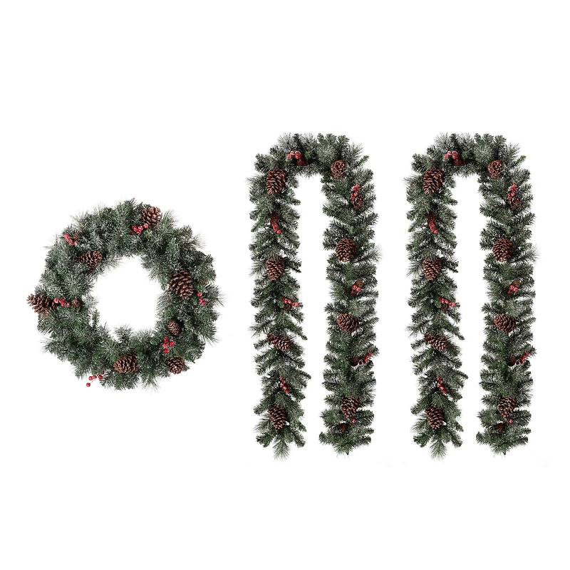 Glitzhome® 24" Pre-Lit Glittered Pinecone Christmas Wreath & Matched 9ft. Garlands Set