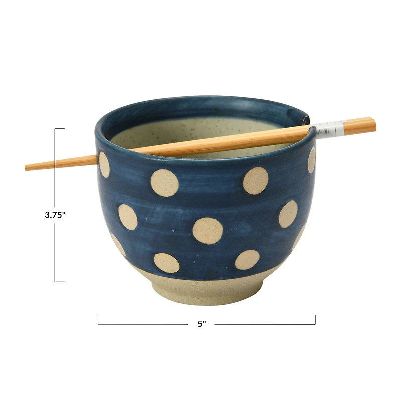 Hello Honey® Polka Dot Stoneware Ceramic Bowl with Chopsticks