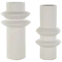 White Ceramic Abstract Ribbed Vase with Speckled Texturing
