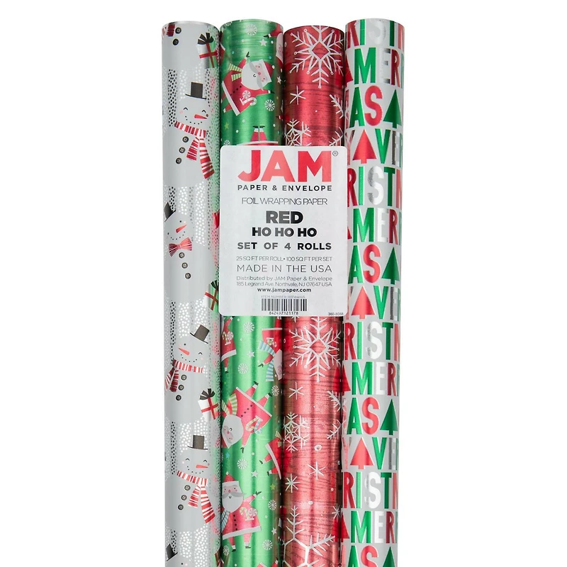 JAM Paper Red Ho Ho Ho Santa Foil Gift Wrap Set, 4ct.