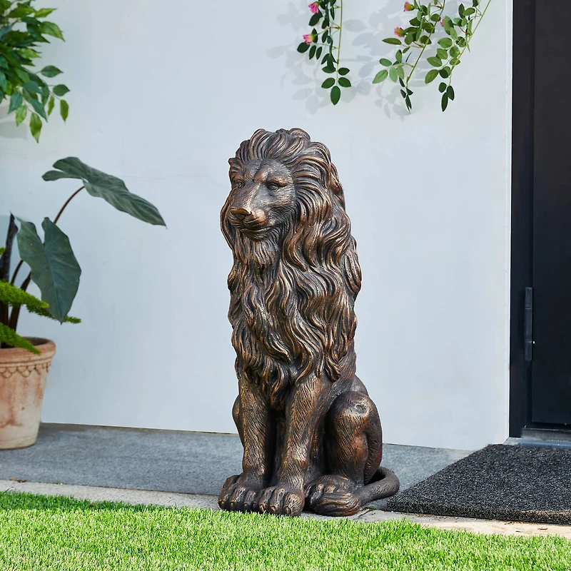 Glitzhome® 2ft. Oversized Bronze Sitting Lion Garden Statue