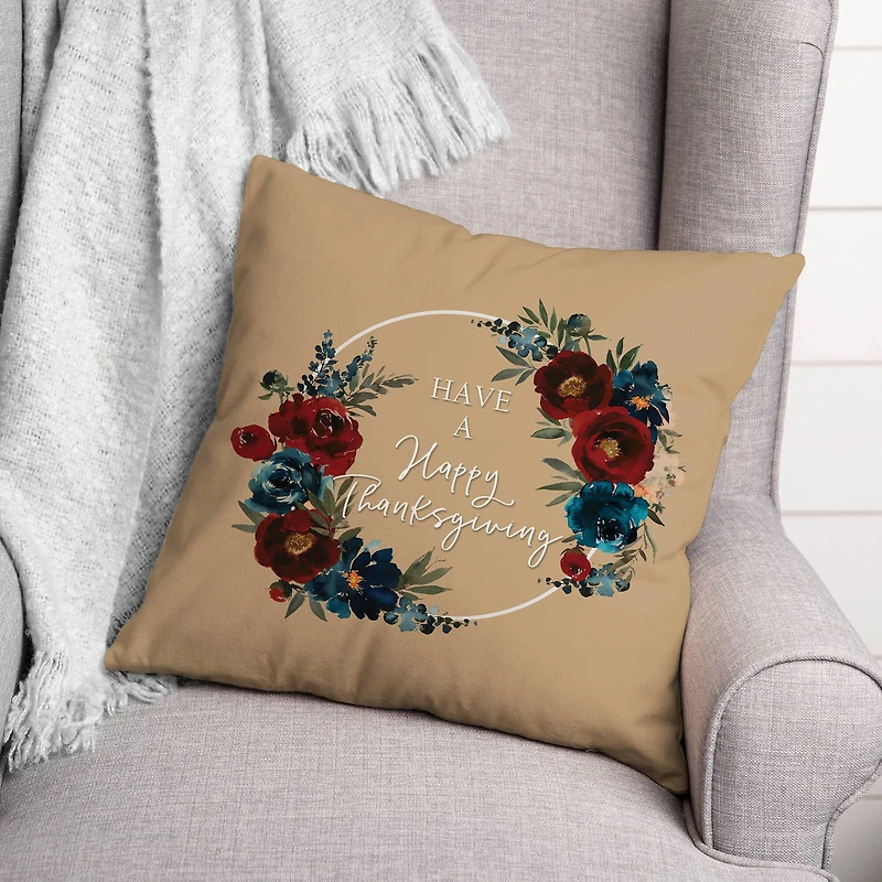 Happy Thanksgiving Floral Wreath Throw Pillow