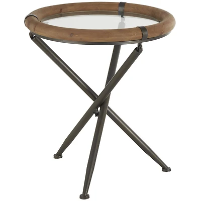 22.25" Brass Metal Round Accent Table with Wooden Framed Glass Tabletop
