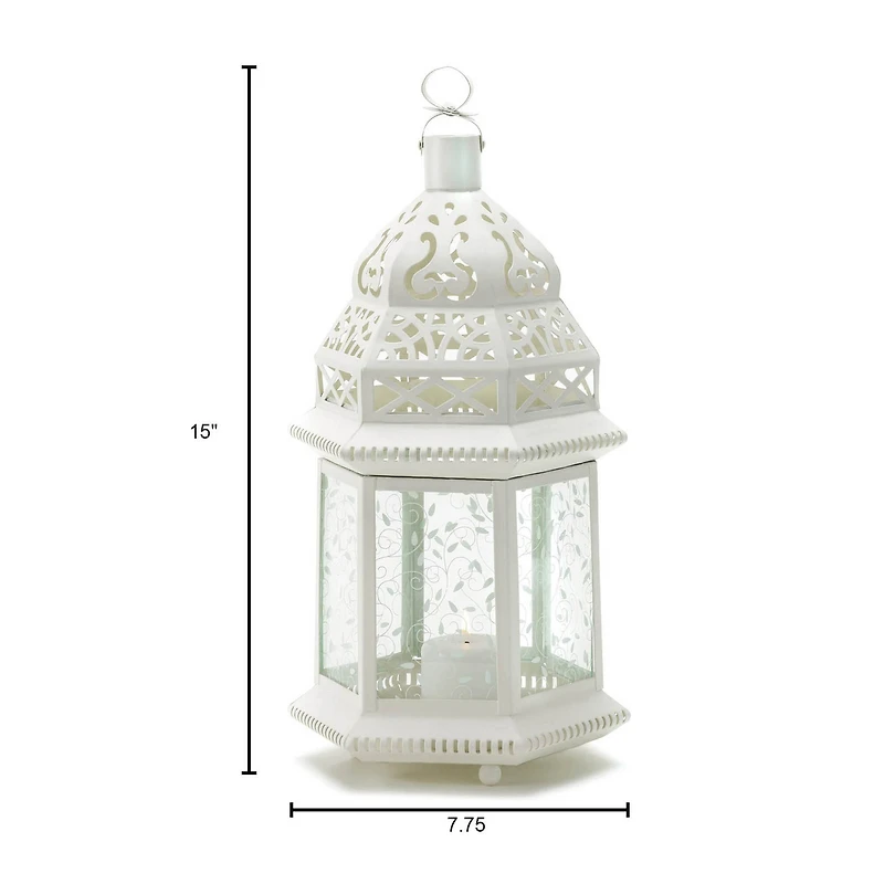 15" White Metal Moroccan Style Hanging Candle Lantern with Etched Floral