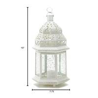 15" White Metal Moroccan Style Hanging Candle Lantern with Etched Floral