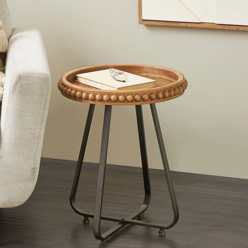 20.5" Brown Wood Beaded Accent Table with Rounded Gray Metal Base & Rattan Accent