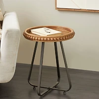 20.5" Brown Wood Beaded Accent Table with Rounded Gray Metal Base & Rattan Accent