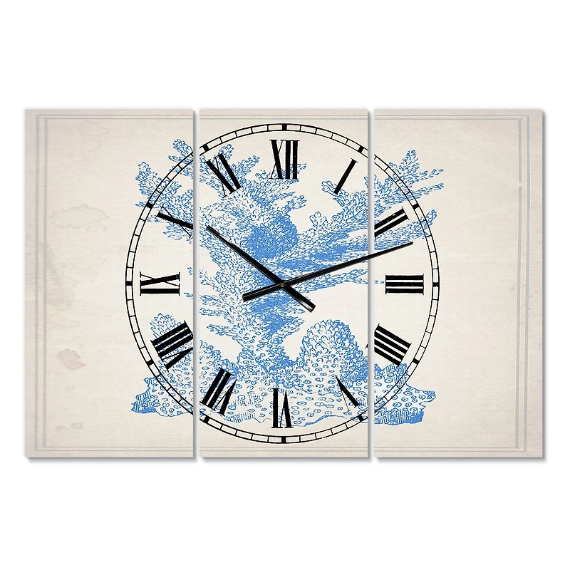Designart Nautical & Coastal Blue Coral 3 Panel Large Wall Clock