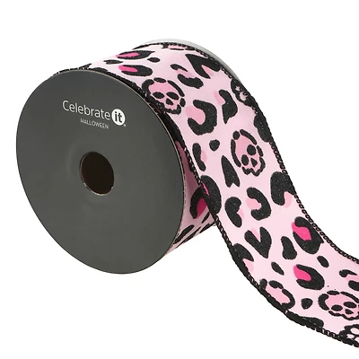 2.5" x 20ft. Pink Skull Leopard Wired Ribbon by Celebrate It® Halloween
