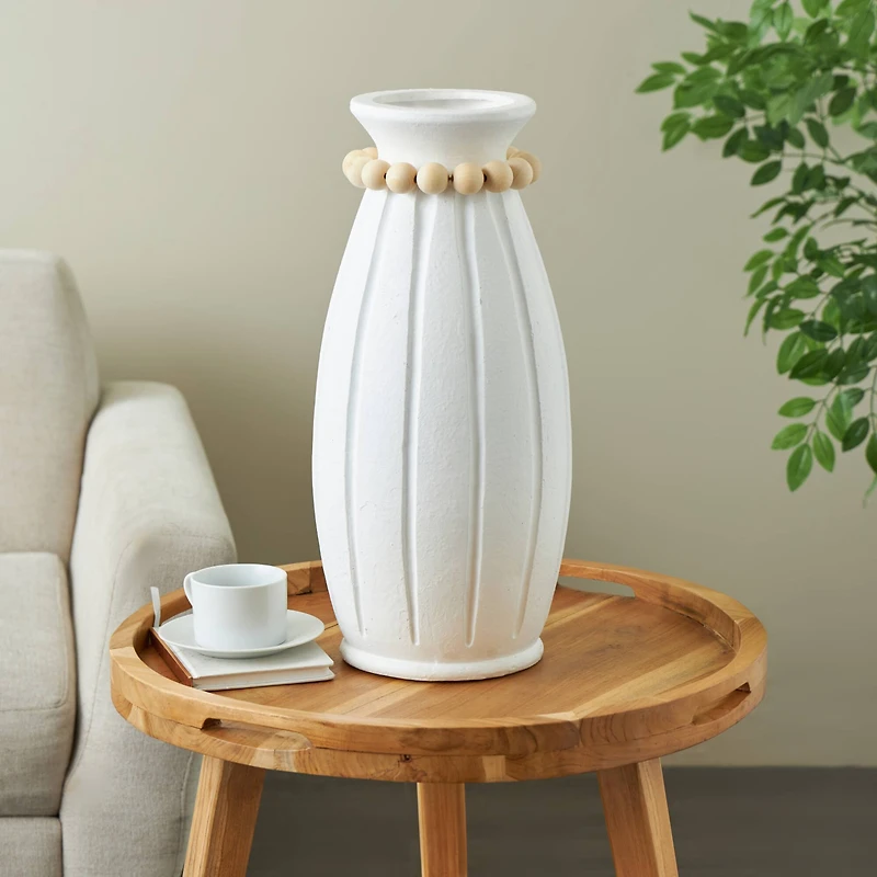 20" White Magnesium Oxide Decorative Vase with Light Brown Beads & Carved Grooves