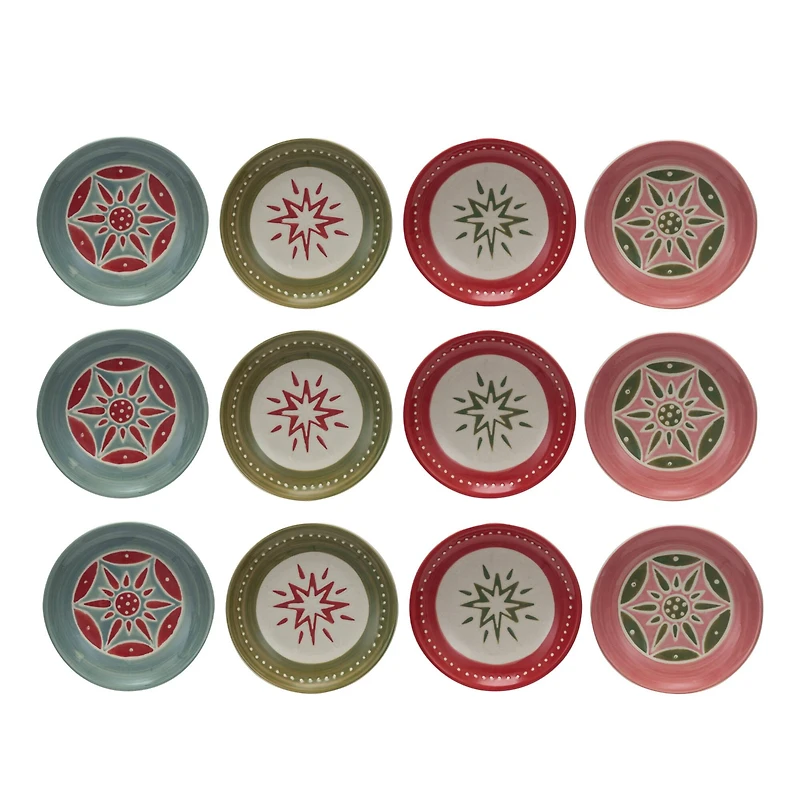 Hello Honey® 5" Hand-Painted Holiday Star Wax Relief Round Stoneware Plate Set