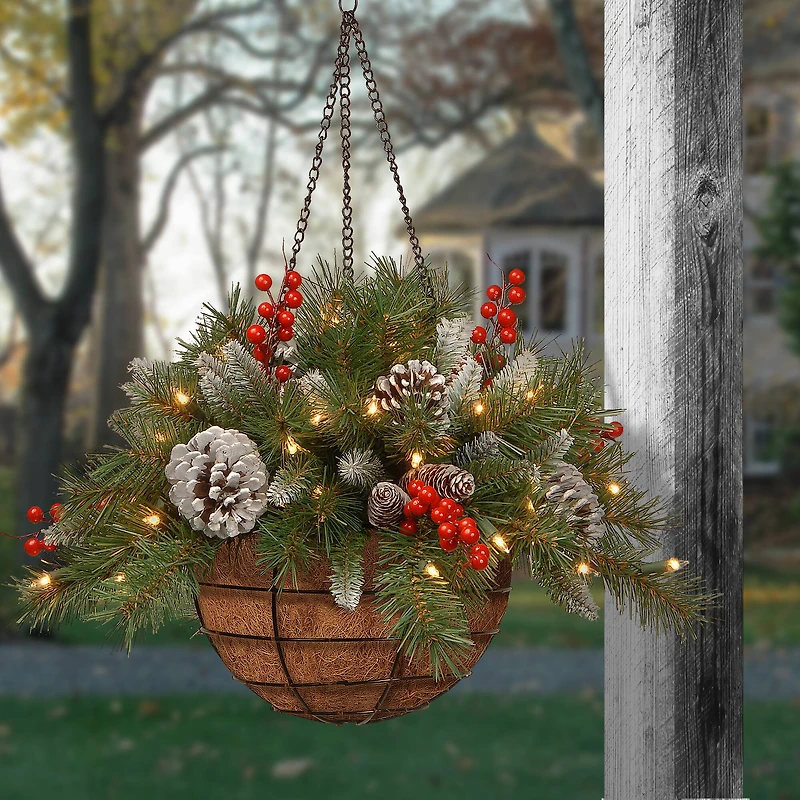 20" Pre-lit Frosted Berry Artificial Christmas Hanging Basket with Cones, Red Berries and Warm White LED Lights