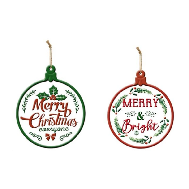 Merry and Bright Ornament Style Metal Christmas Wall Signs - 14" - Red and Green - Set of 2