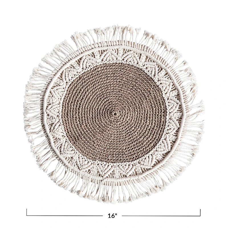 Hello Honey® Natural & Brown Hand-Woven Cotton & Jute Macramé Pillow with Fringe