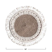 Hello Honey® Natural & Brown Hand-Woven Cotton & Jute Macramé Pillow with Fringe