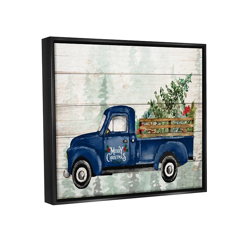 Stupell Industries Merry Christmas Blue Holiday Truck Framed Floater Canvas Wall Art