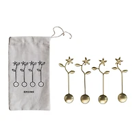 Hello Honey® 5.5" Stainless Steel & Brass Spoons with Flower Handles & Drawstring Bag