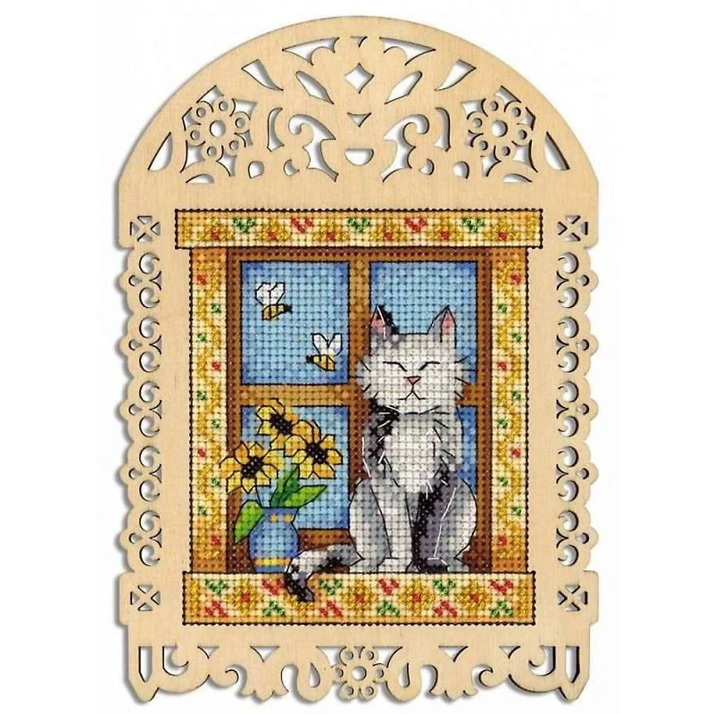 MP Studia Grey Cat Cross Stitch On Wood Kit