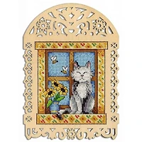 MP Studia Grey Cat Cross Stitch On Wood Kit