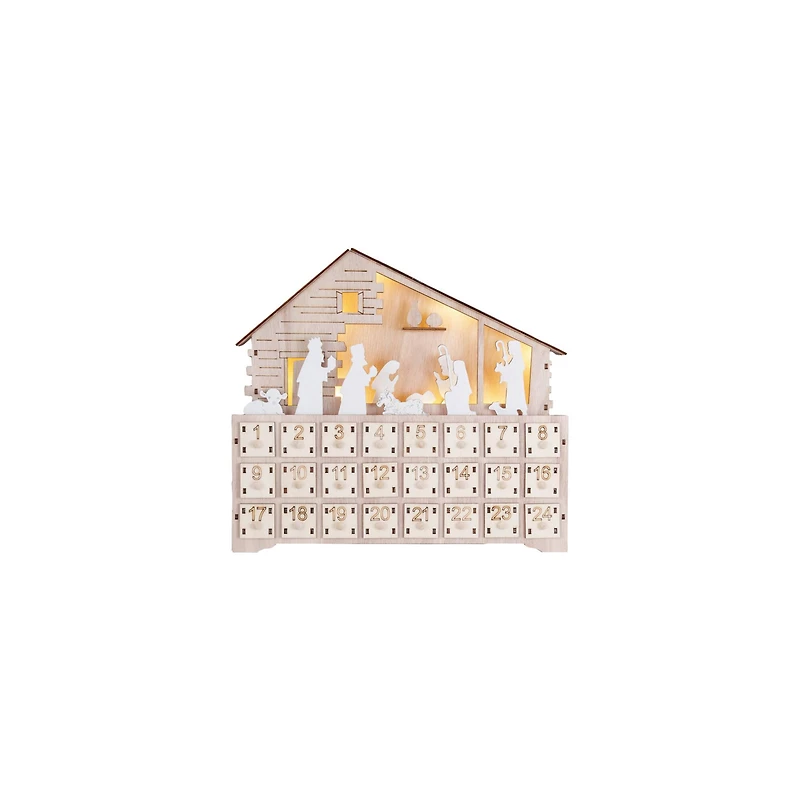 Hello Honey® 13.5" Wood Laser-Cut Nativity Advent Calendar with LED Light & Drawers