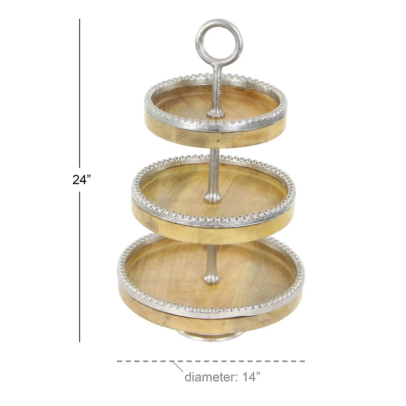 25" Brown Wood & Aluminum 3-Tier Tray Stand