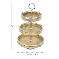 25" Brown Wood  & Aluminum 3-Tier Tray Stand