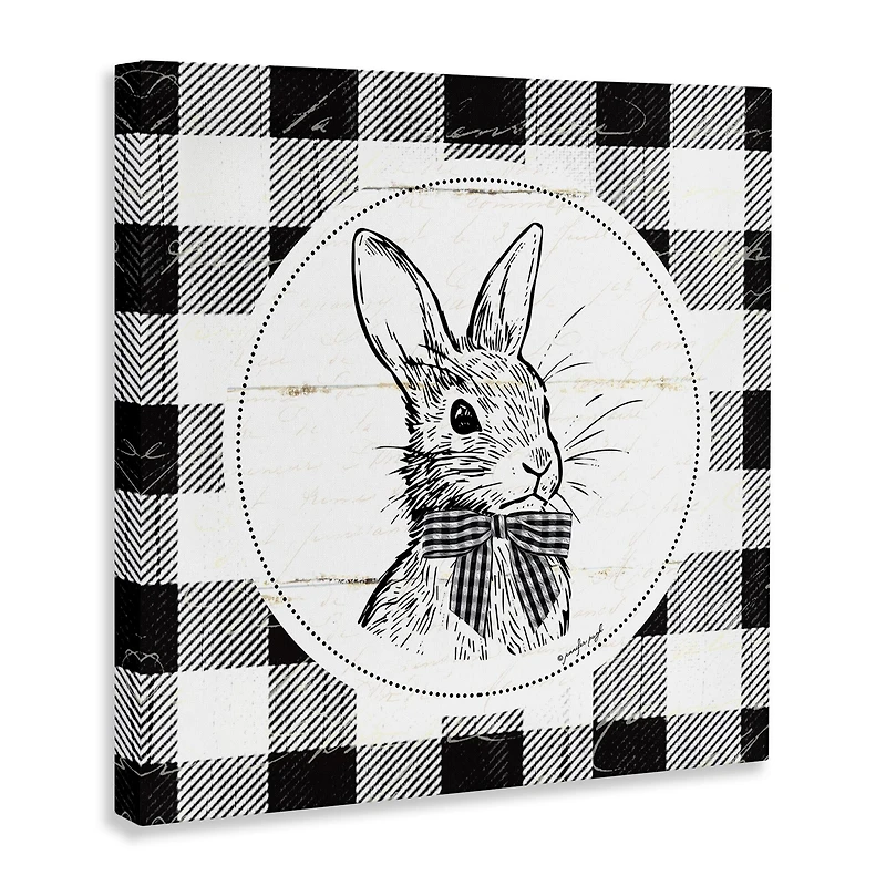 Stupell Industries Detailed Easter Bunny Drawing Spring Plaid Border Canvas Wall Art