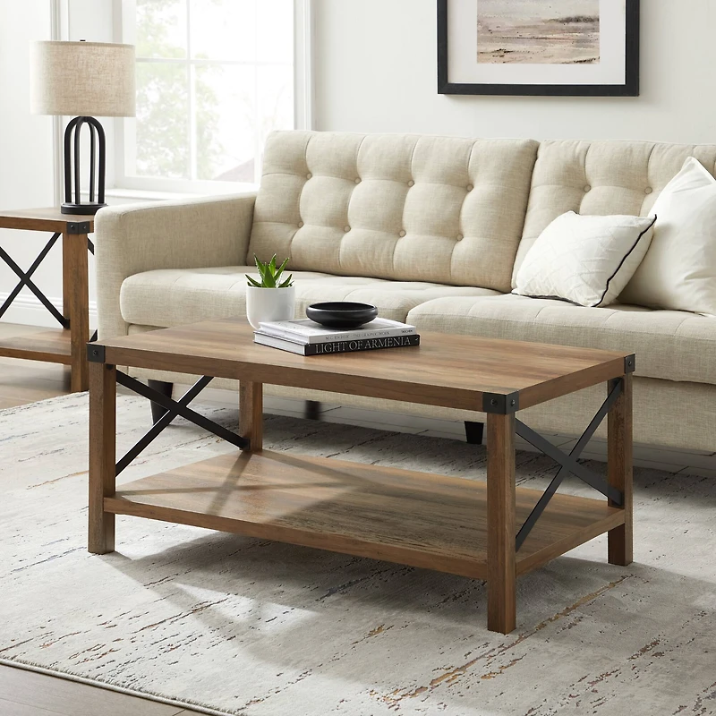 Walker Edison Black Metal & Reclaimed Barnwood Rustic Coffee Table 