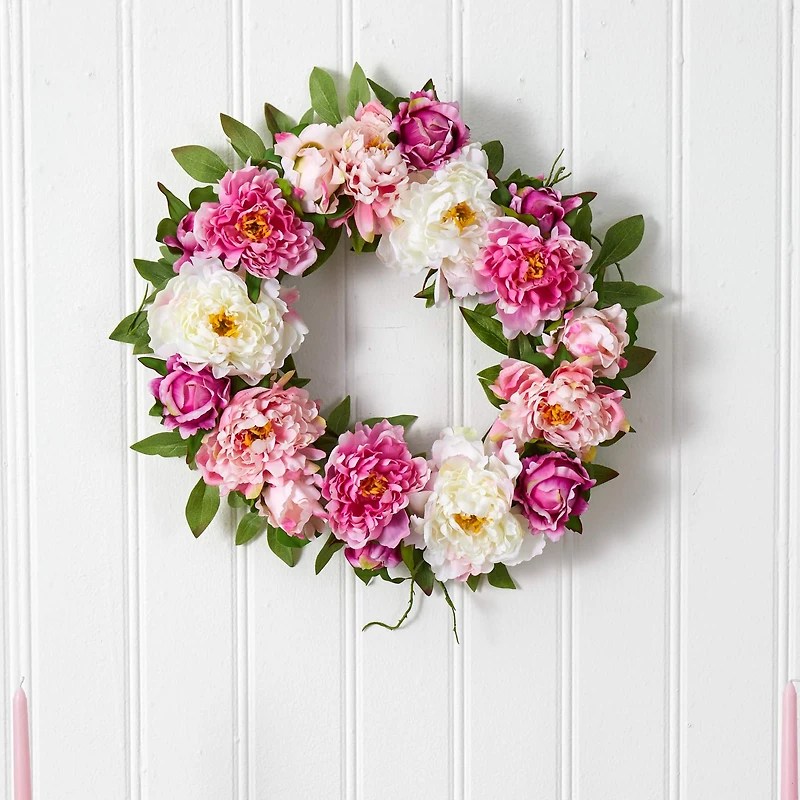 22" White and Pink Peony Wreath