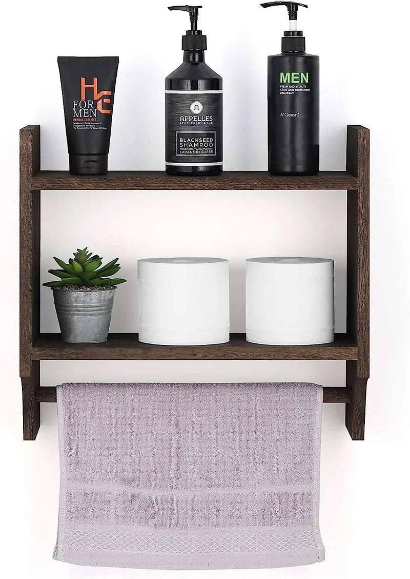2-Tier Wood Wall Mounted Bathroom Shelf with Towel Rack