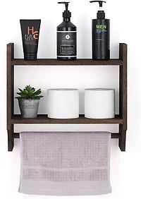 2-Tier Wood Wall Mounted Bathroom Shelf with Towel Rack