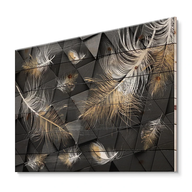 Designart - White and Gold Feathers On Triangular