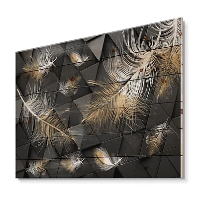 Designart - White and Gold Feathers On Triangular