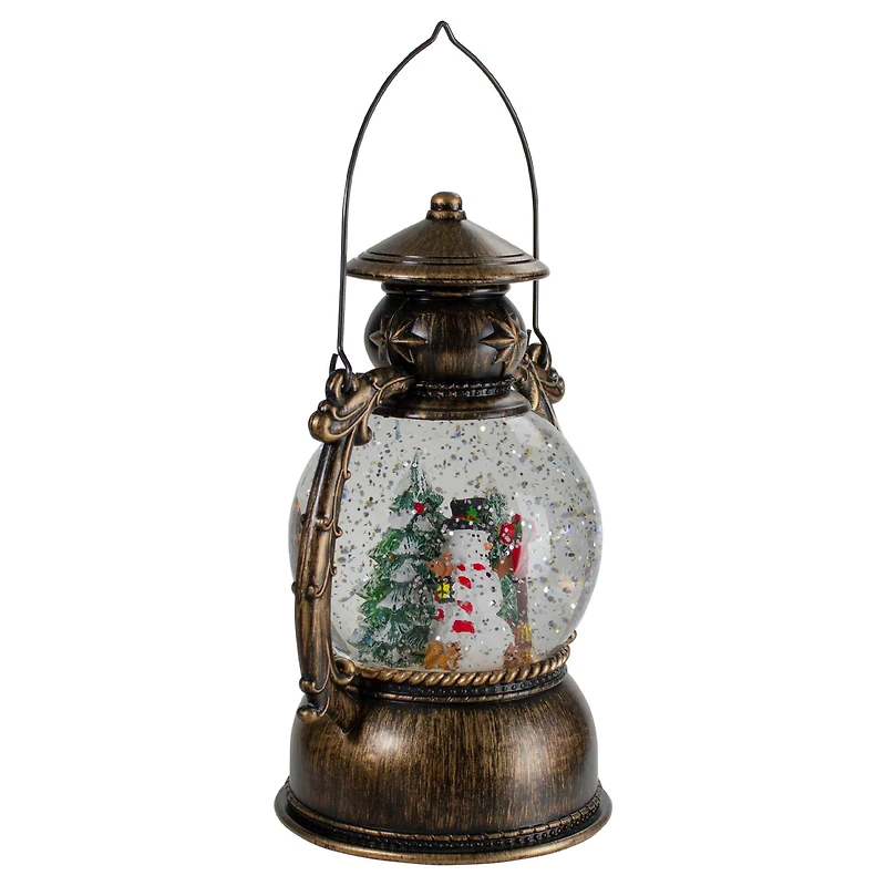 8" Black with Brushed Gold LED Snowman & Christmas Trees Snow Globe Lantern