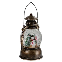 8" Black with Brushed Gold LED Snowman & Christmas Trees Snow Globe Lantern