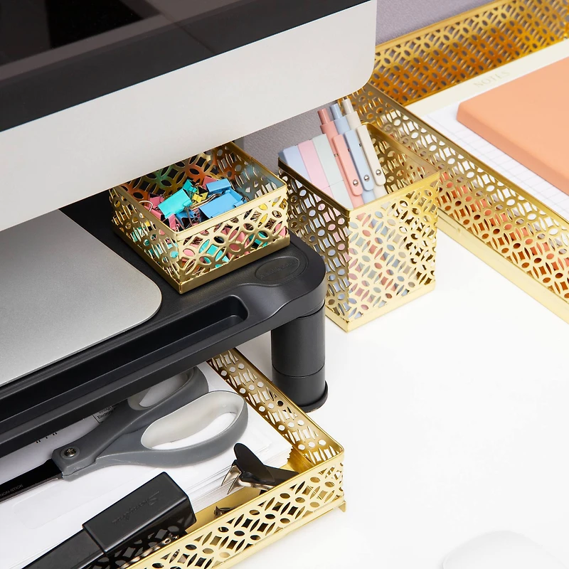 Mind Reader Gold Desk Organizer Set, Includes Pen Cup, Catchall Tray, File Box & Paper Tray, 4-Piece Metal Desktop Accessory Kit