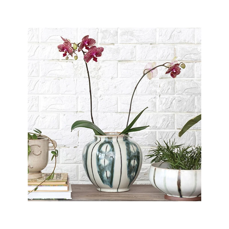 Hello Honey® 9" Cream & Green Reactive Glaze Striped Round Hand-Painted Stoneware Vase