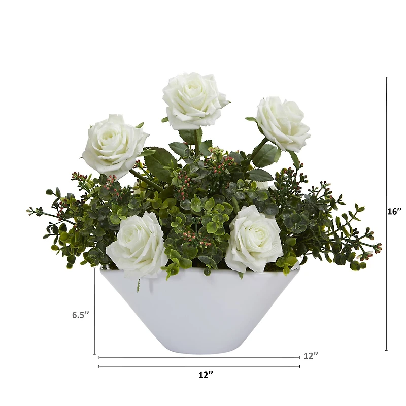 16" Roses and Eucalyptus Artificial Arrangement in White Vase