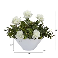 16" Roses and Eucalyptus Artificial Arrangement in White Vase