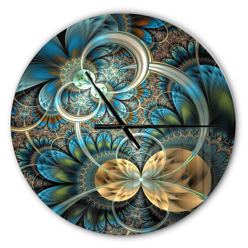 Designart Symmetrical Blue Gold Fractal Flower Modern Wall Clock