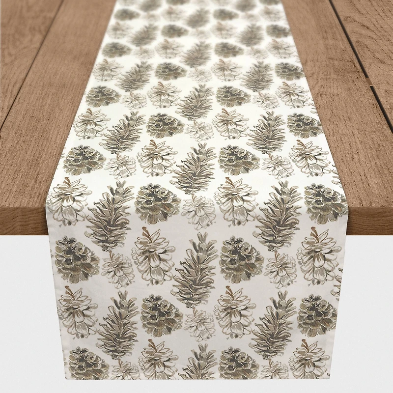 90" White & Brown Pinecones Cotton Twill Runner